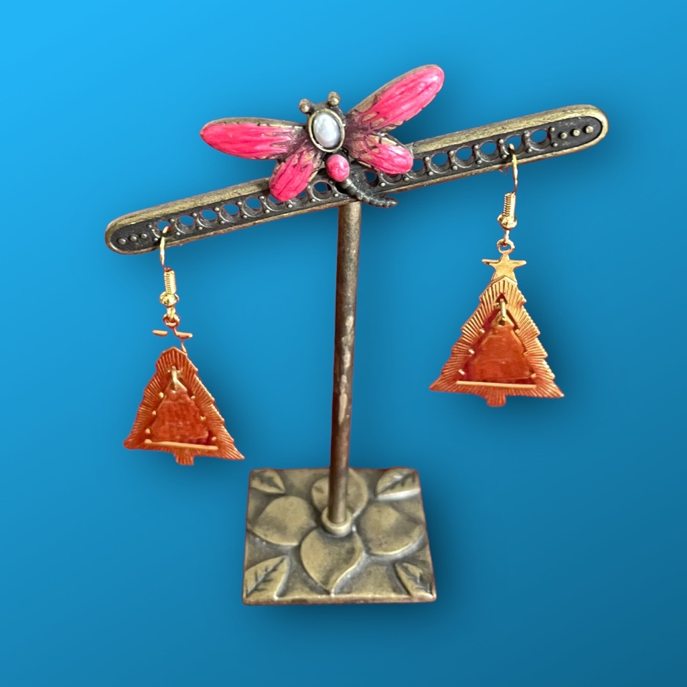 Gold Tone Christmas Tree Earrings with Swinging Inner Trees